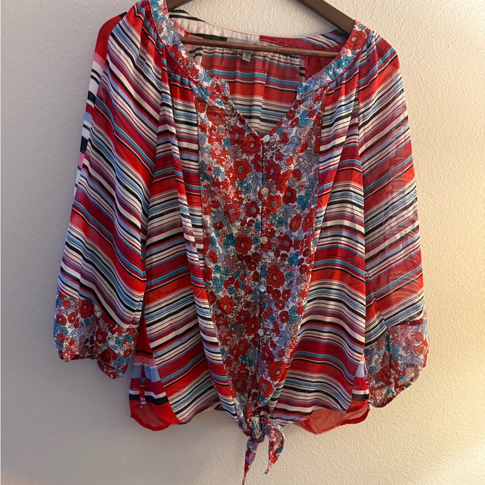 Figueróa & Flower - Floral Striped Women's Top - Red and Blue